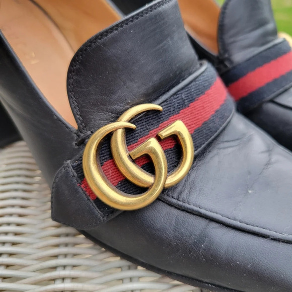 GUCCI Peyton Pearl GG Embellished Web Black Leather Mid-Heel Loafers 37 - Picture 4 of 13